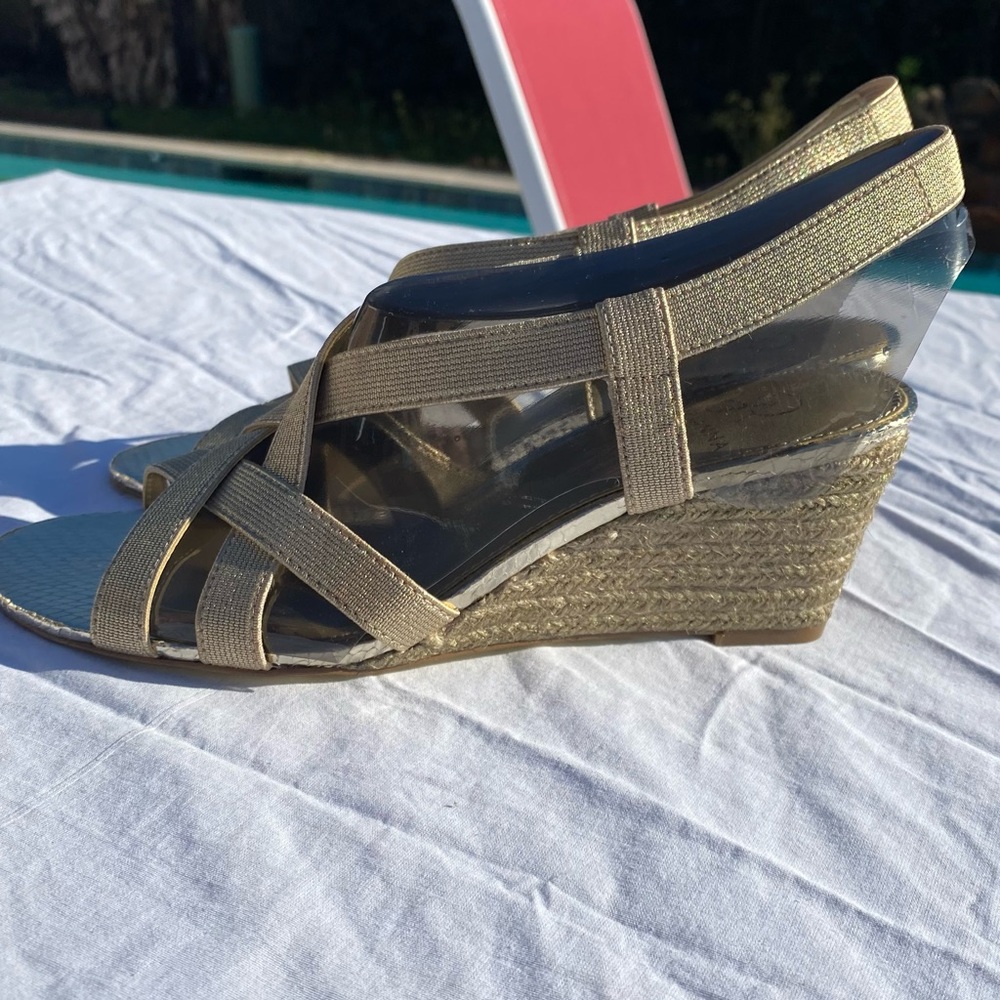 NWT Adrianna Papell Alba Platino Metallic gold and tan wedges / 9.5 / Inc. box - Picture 13 of 16